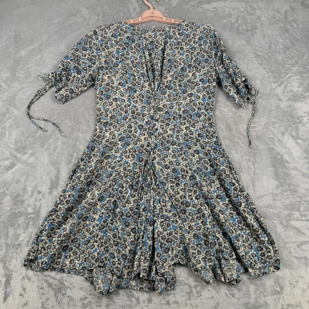 Free People Dress Women M Blue Floral Flower Power Mini Fit & Flare Boho Lace Up - Picture 4 of 11